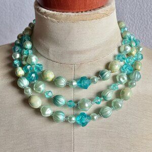 1960s 3-Strand Necklace Turquoise Aqua Plastic Beads